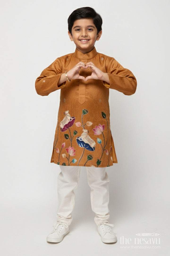 The Nesavu Boys Kurtha Set Traditional Boys Kurta Set for Poojas and Cultural Gatherings Nesavu 16 (1Y) / Yellow BES821B-16 Nesavu traditional boys kurta set embroidered motifs poojas school ethnic functions