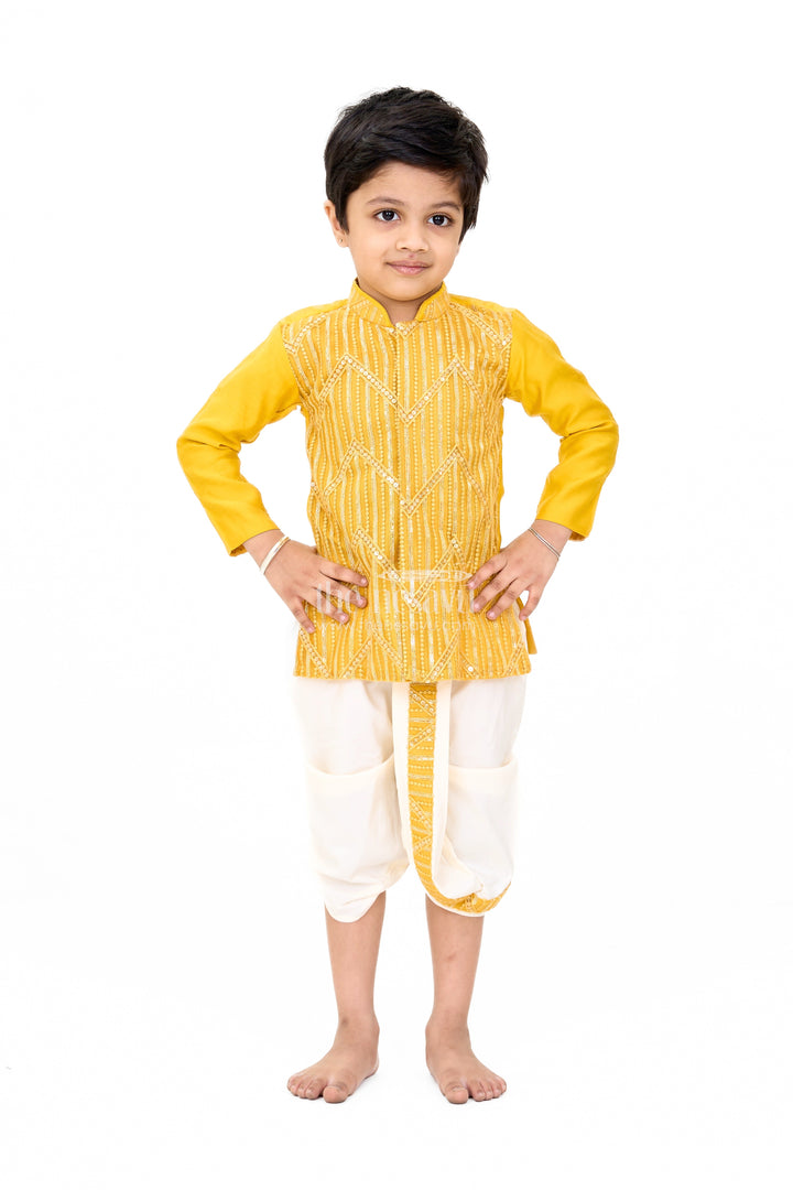 The Nesavu Boys Dothi Set Traditional Boys Mustard Dhoti Shirt Set with Sequin Embellished Design Nesavu 10 (NB) / Yellow BES621A-10 Boys Mustard Dhoti Shirt Set Sequin Embroidery Festive Wear | The Nesavu