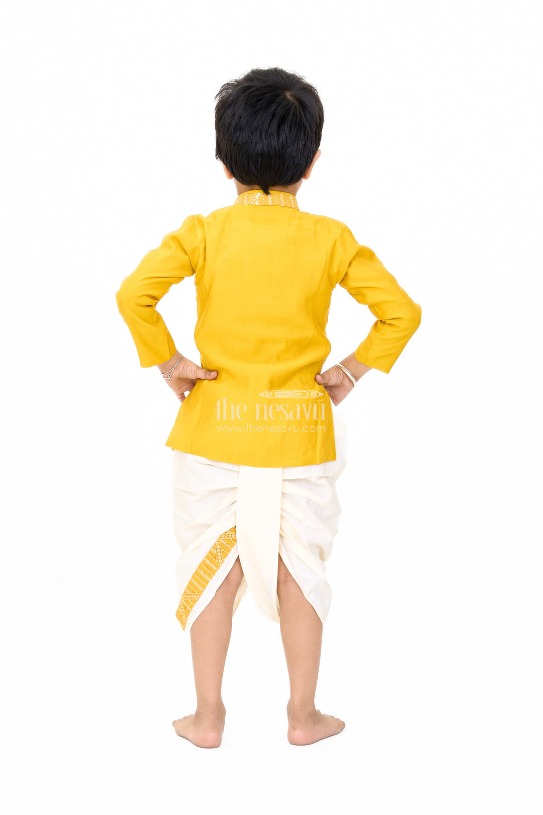 The Nesavu Boys Dothi Set Traditional Boys Mustard Dhoti Shirt Set with Sequin Embellished Design Nesavu Boys Mustard Dhoti Shirt Set Sequin Embroidery Festive Wear | The Nesavu