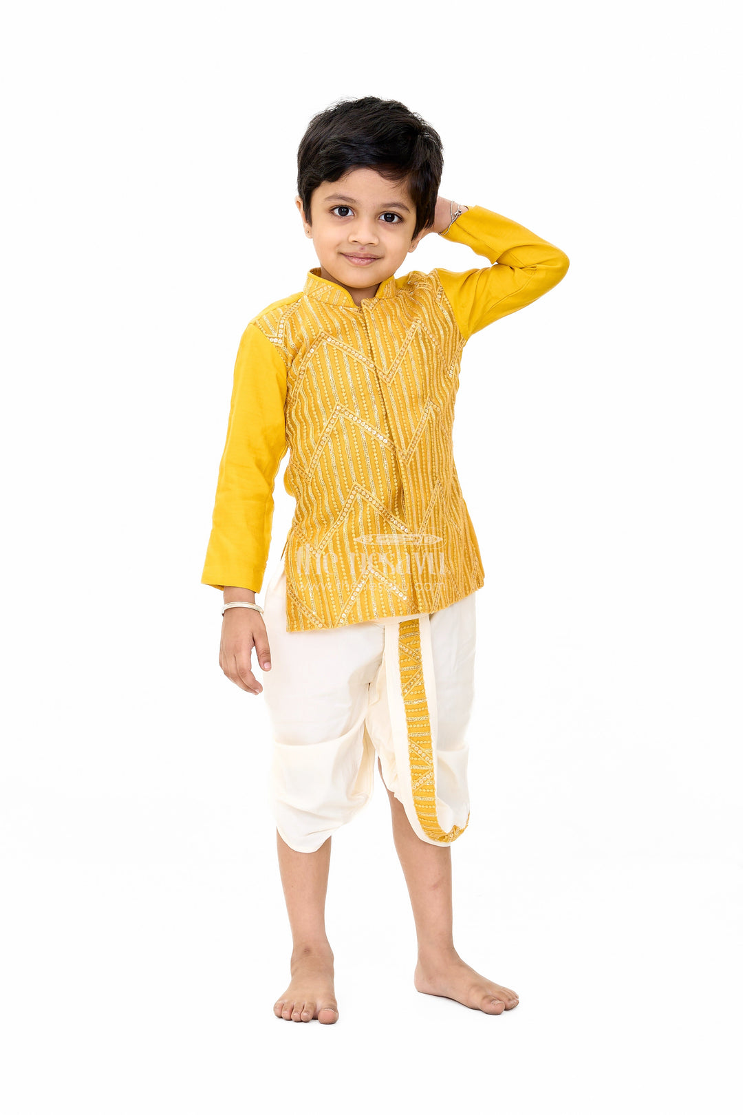 The Nesavu Boys Dothi Set Traditional Boys Mustard Dhoti Shirt Set with Sequin Embellished Design Nesavu Boys Mustard Dhoti Shirt Set Sequin Embroidery Festive Wear | The Nesavu