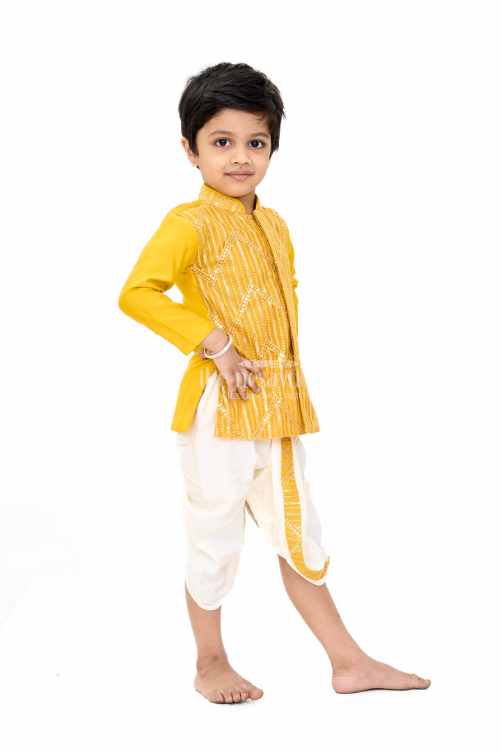 The Nesavu Boys Dothi Set Traditional Boys Mustard Dhoti Shirt Set with Sequin Embellished Design Nesavu Boys Mustard Dhoti Shirt Set Sequin Embroidery Festive Wear | The Nesavu