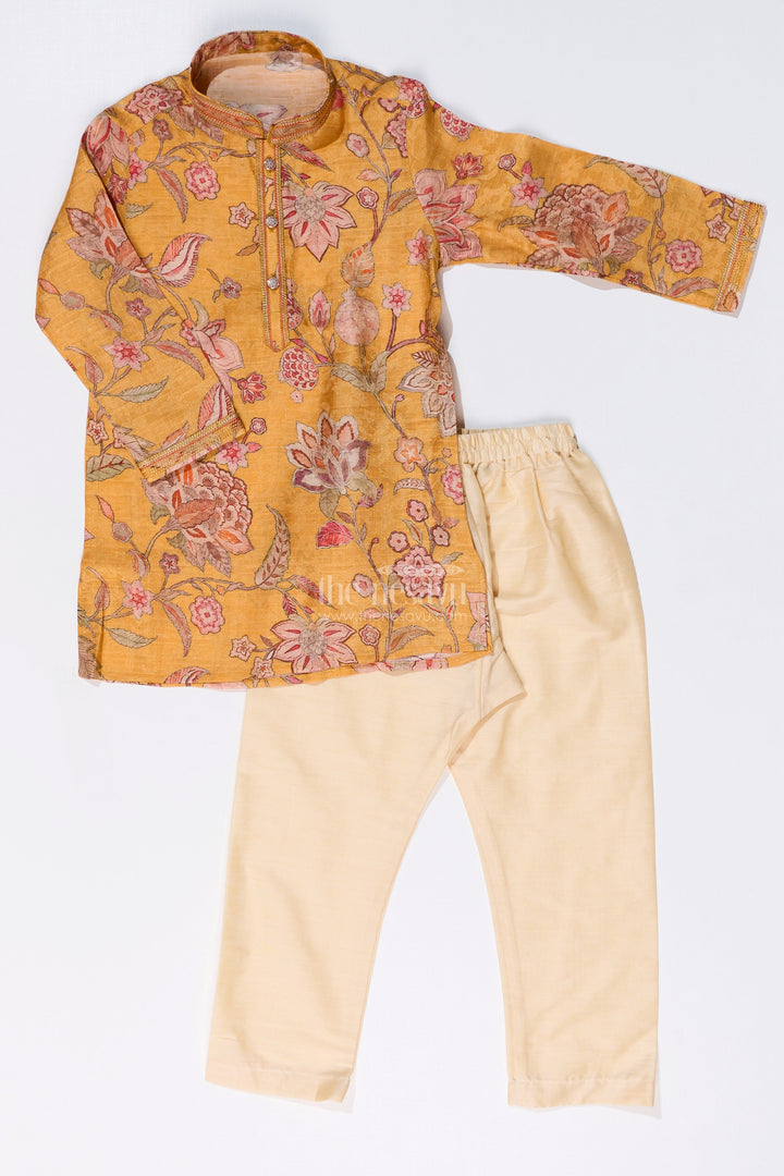 The Nesavu Boys Kurtha Set Traditional Boys Printed Kurta Set in Designer Shimmer Fabric with Floral Motifs Nesavu 20 (3Y) / Yellow BES656A-20 Boys Printed Kurta Set Designer Shimmer Fabric Floral Patterns | The Nesavu