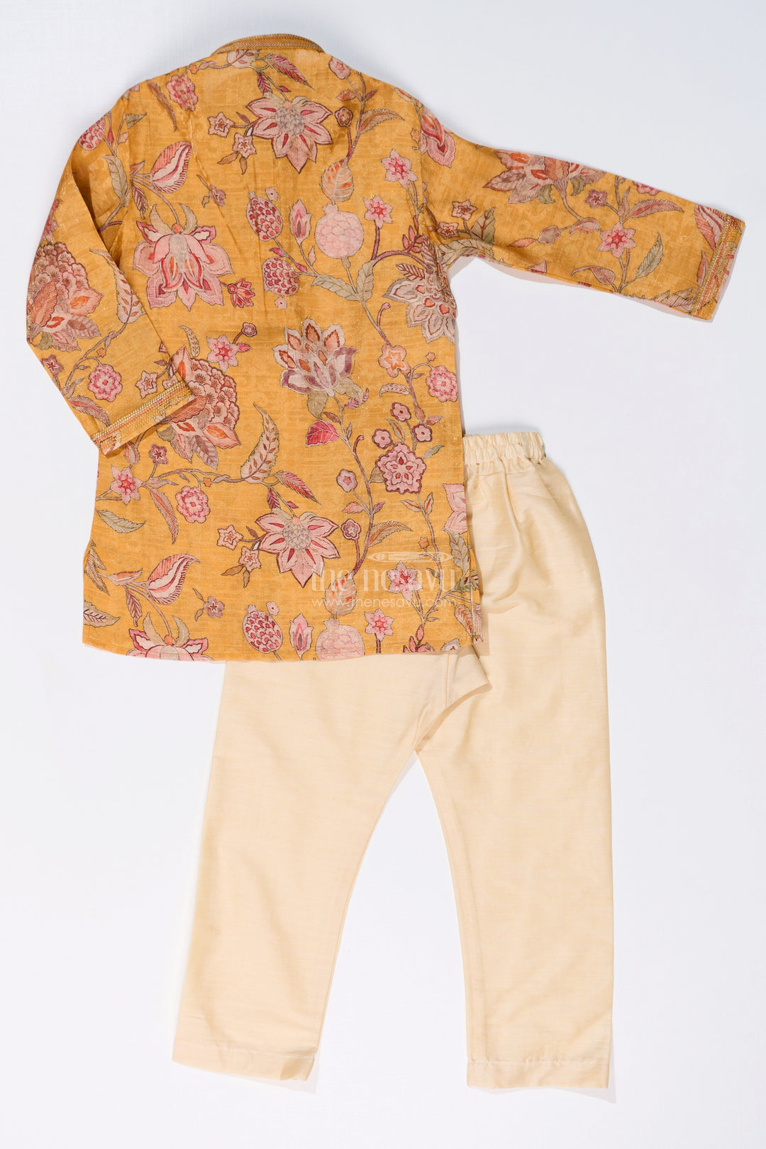 The Nesavu Boys Kurtha Set Traditional Boys Printed Kurta Set in Designer Shimmer Fabric with Floral Motifs Nesavu 34 (10Y) / Yellow BES656A-34 Boys Printed Kurta Set Designer Shimmer Fabric Floral Patterns | The Nesavu