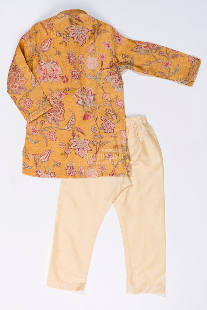 The Nesavu Boys Kurtha Set Traditional Boys Printed Kurta Set in Designer Shimmer Fabric with Floral Motifs Nesavu 34 (10Y) / Yellow BES656A-34 Boys Printed Kurta Set Designer Shimmer Fabric Floral Patterns | The Nesavu