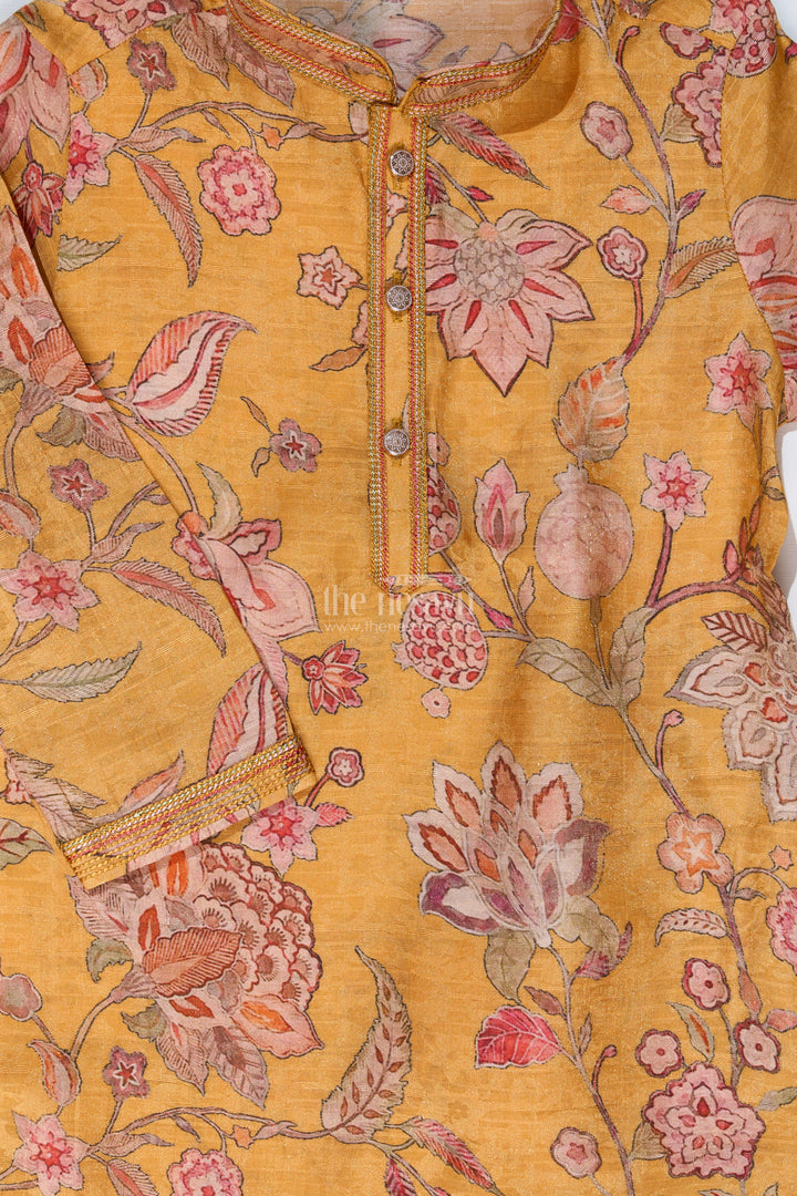 The Nesavu Boys Kurtha Set Traditional Boys Printed Kurta Set in Designer Shimmer Fabric with Floral Motifs Nesavu Nesavu Boys Printed Kurta Set Designer Shimmer Fabric Floral Patterns