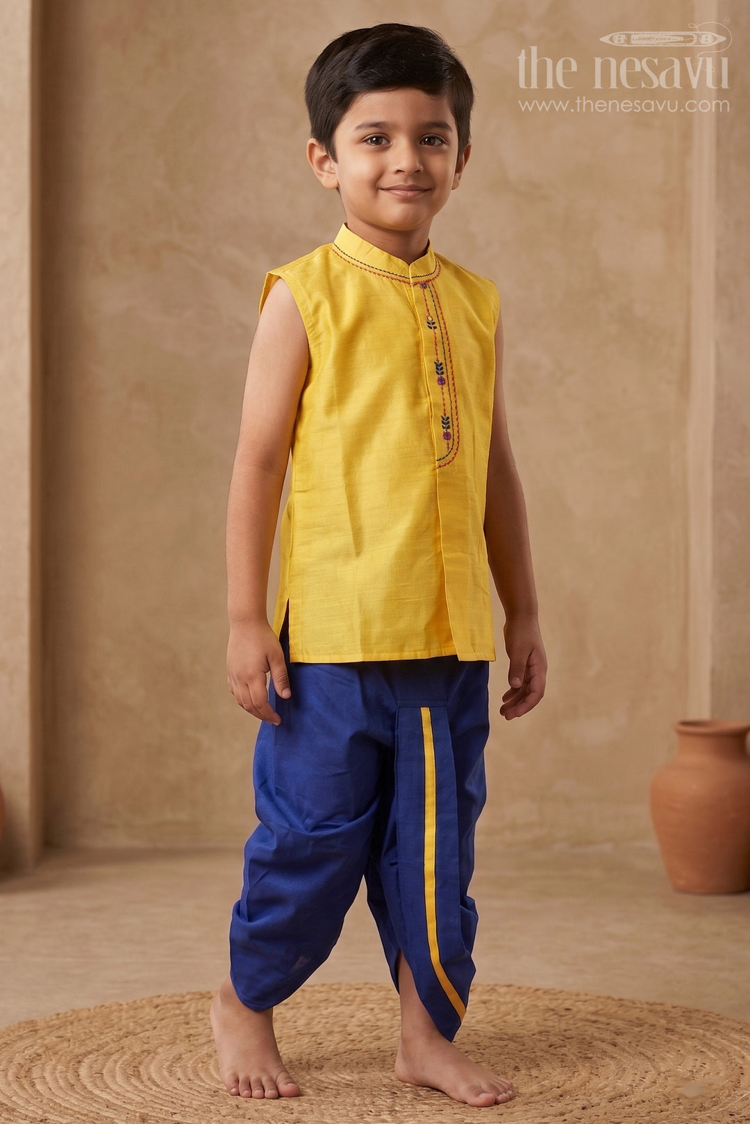 The Nesavu Boys Dothi Set Traditional Boys Yellow Kurta with Navy Blue Dhoti Setethnic Panchagajam Ensemble Nesavu 12 (3M) / Yellow / Dupion BES473B-12 Boys Ethnic Yellow Kurta & Navy Dhoti Set | The Nesavu