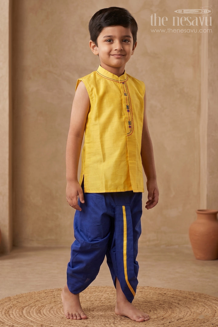 The Nesavu Boys Dothi Set Traditional Boys Yellow Kurta with Navy Blue Dhoti Setethnic Panchagajam Ensemble Nesavu 12 (3M) / Yellow / Dupion BES473B-12 Boys Ethnic Yellow Kurta &amp; Navy Dhoti Set | The Nesavu