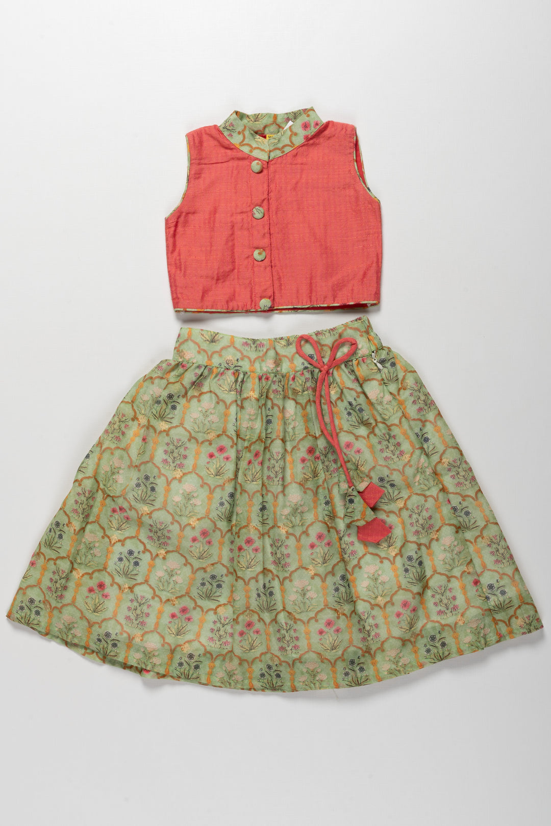 The Nesavu Pattu Pavadai Traditional Coral and Green Pattu Pavadai for Girls - Ethnic Silk Skirt and Blouse Set Nesavu 16 (1Y) / Green GPP037-16 Girls Traditional Pattu Pavadai | Coral and Green Ethnic Silk Skirt and Blouse Set | The Nesavu