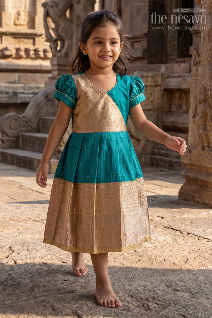The Nesavu Girls Kanchi Silk Frock Traditional Dark Green Silk Dress for Girls with Kanchipuram Inspired Fabric and Gold Zari Border Nesavu Dark Green Silk Dress Girls Kanchipuram Inspired Fabric Gold Zari Border | The Nesavu