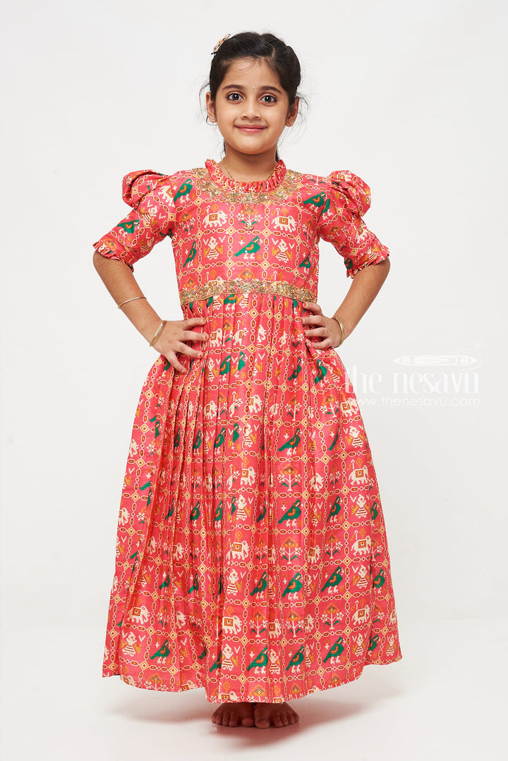 The Nesavu Girls Silk Gown Traditional Festive Red Girls Anarkali with Ethnic Patterns Nesavu Buy Traditional Red Anarkali for Girls | Ethnic Wear Kids Dresses Online | The Nesavu