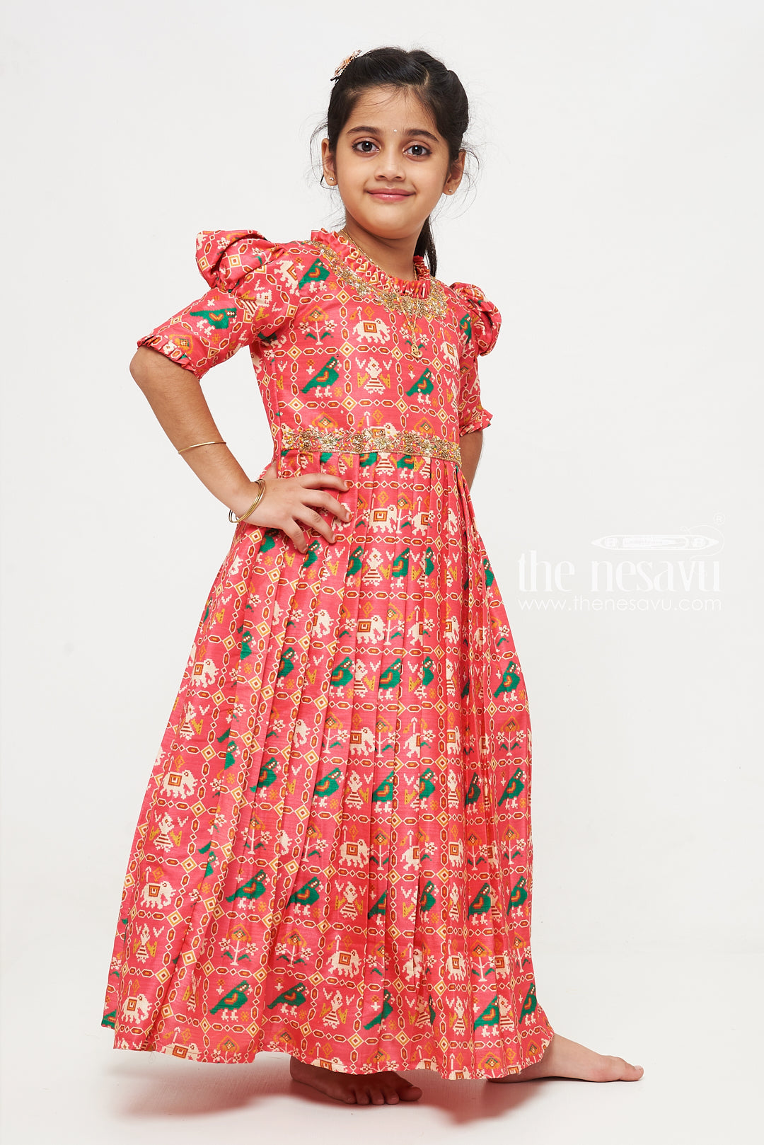 The Nesavu Girls Silk Gown Traditional Festive Red Girls Anarkali with Ethnic Patterns Nesavu Buy Traditional Red Anarkali for Girls | Ethnic Wear Kids Dresses Online | The Nesavu