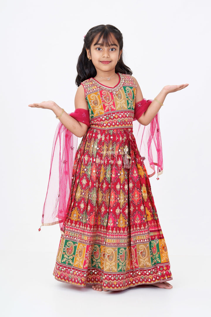 The Nesavu Girls Lehenga Choli Traditional Floral Lehenga Choli for Girls in Viscose Tissue with Intricate Embroidery Nesavu 24 (5Y) / Red GL581A-24 Floral Lehenga Choli Girls Viscose Tissue Intricate Embroidery | The Nesavu