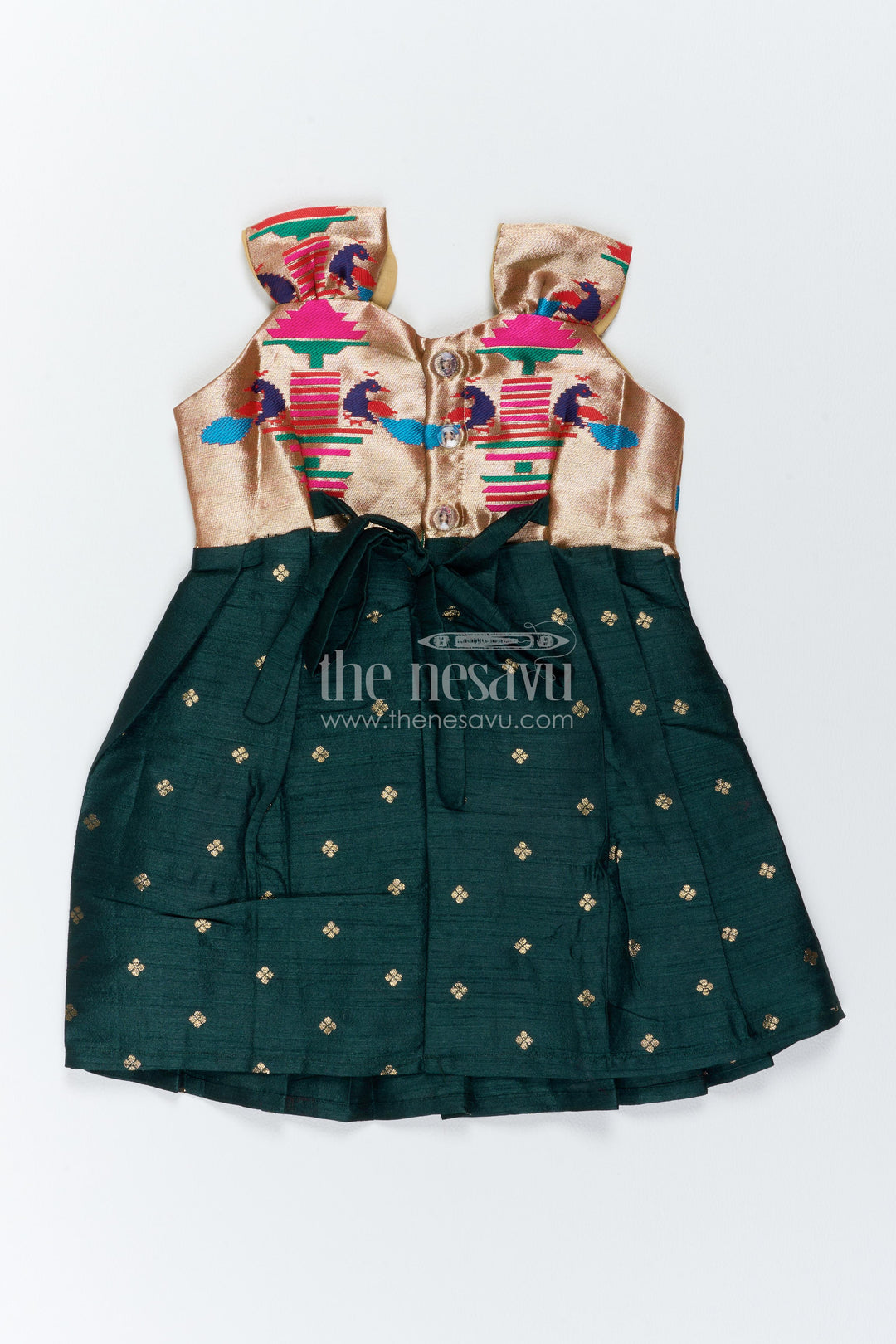 The Nesavu Silk Frock Traditional Frock for Girls in Green for Milestone Days Nesavu Nesavu Traditional Frock For Girls In Green With Paithani Motifs