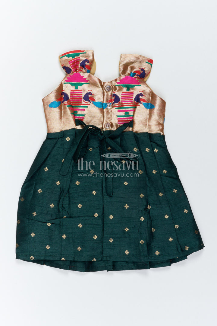 The Nesavu Silk Frock Traditional Frock for Girls in Green for Milestone Days Nesavu Nesavu Traditional Frock For Girls In Green With Paithani Motifs