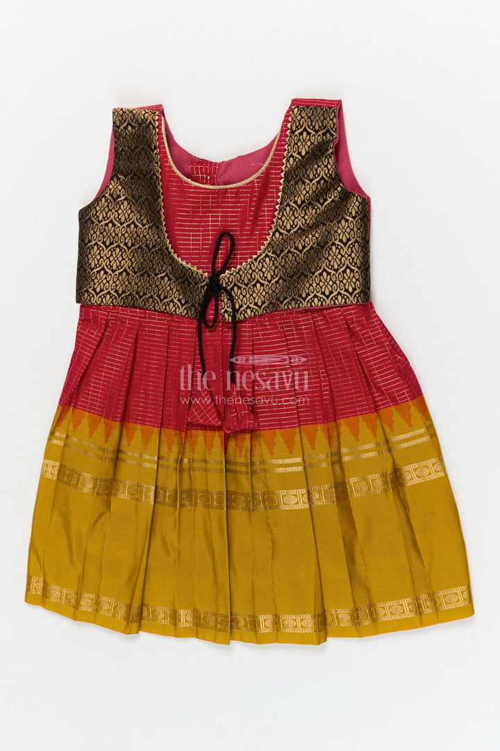 The Nesavu Girls Kanchi Silk Frock Traditional Frock for Toddler Girls Inspired by Kanchipuram Silk Sarees Nesavu 10 (NB) / Pink / style 4 KSF001AD-10 Nesavu traditional silk frock for toddler girls with Kanchipuram saree inspired design