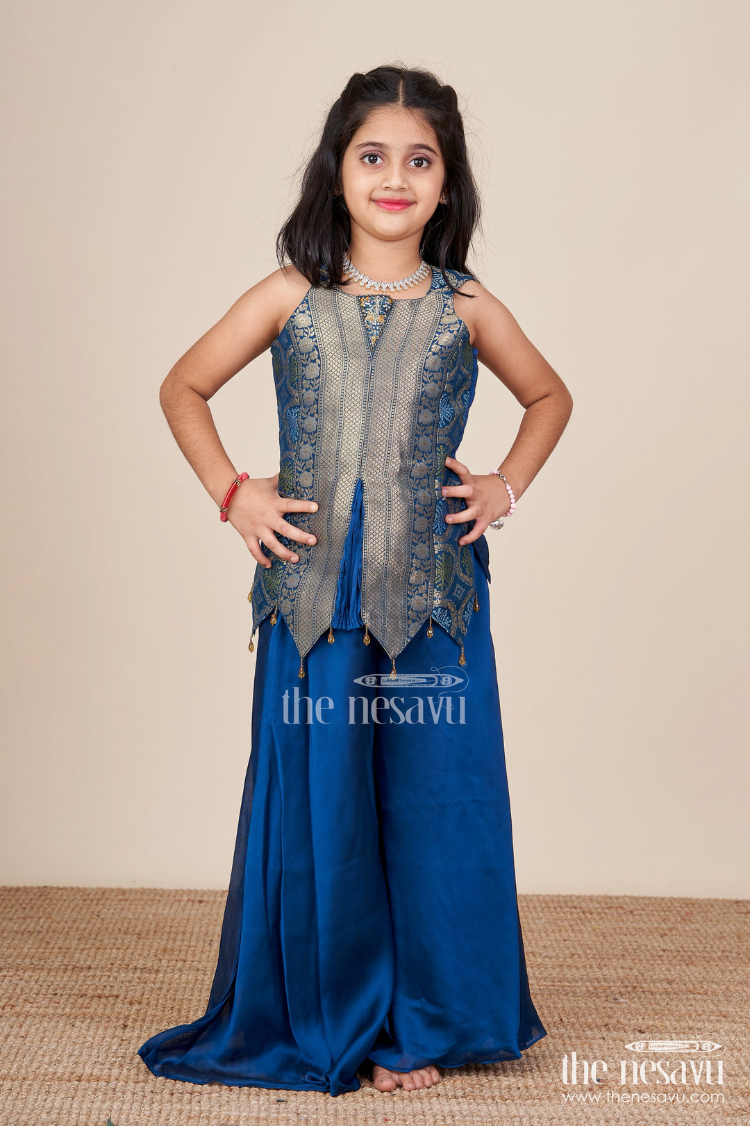 The Nesavu Girls Sharara / Plazo Set Traditional Girls Ethnic Set with Sleeveless Blouse and Flared Pants Nesavu 28 (7Y) / Blue GPS821B-28 Nesavu girls ethnic palazzo set jacquard blouse weddings cultural events