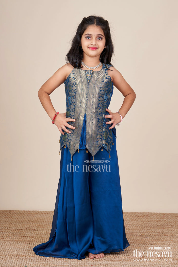 The Nesavu Girls Sharara / Plazo Set Traditional Girls Ethnic Set with Sleeveless Blouse and Flared Pants Nesavu 28 (7Y) / Blue GPS821B-28 Nesavu girls ethnic palazzo set jacquard blouse weddings cultural events