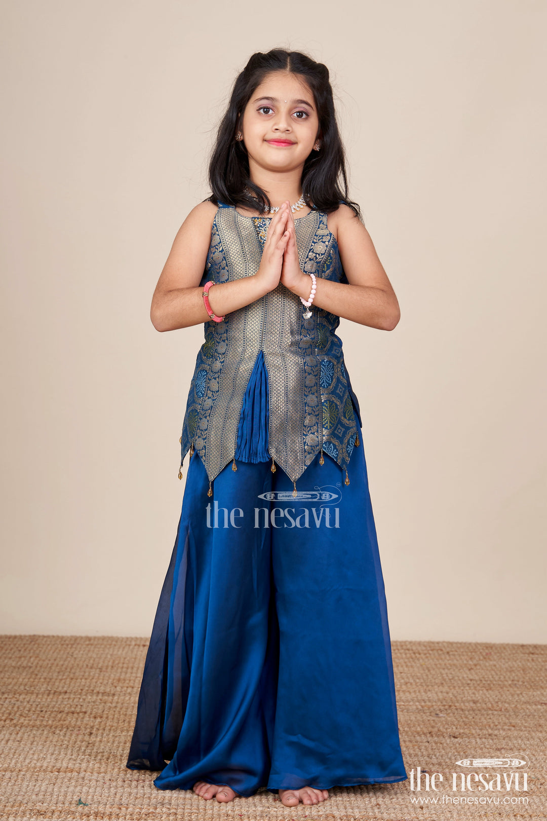 The Nesavu Girls Sharara / Plazo Set Traditional Girls Ethnic Set with Sleeveless Blouse and Flared Pants Nesavu Nesavu girls ethnic palazzo set jacquard blouse weddings cultural events