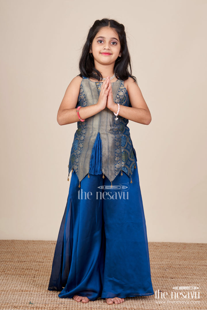 The Nesavu Girls Sharara / Plazo Set Traditional Girls Ethnic Set with Sleeveless Blouse and Flared Pants Nesavu Nesavu girls ethnic palazzo set jacquard blouse weddings cultural events