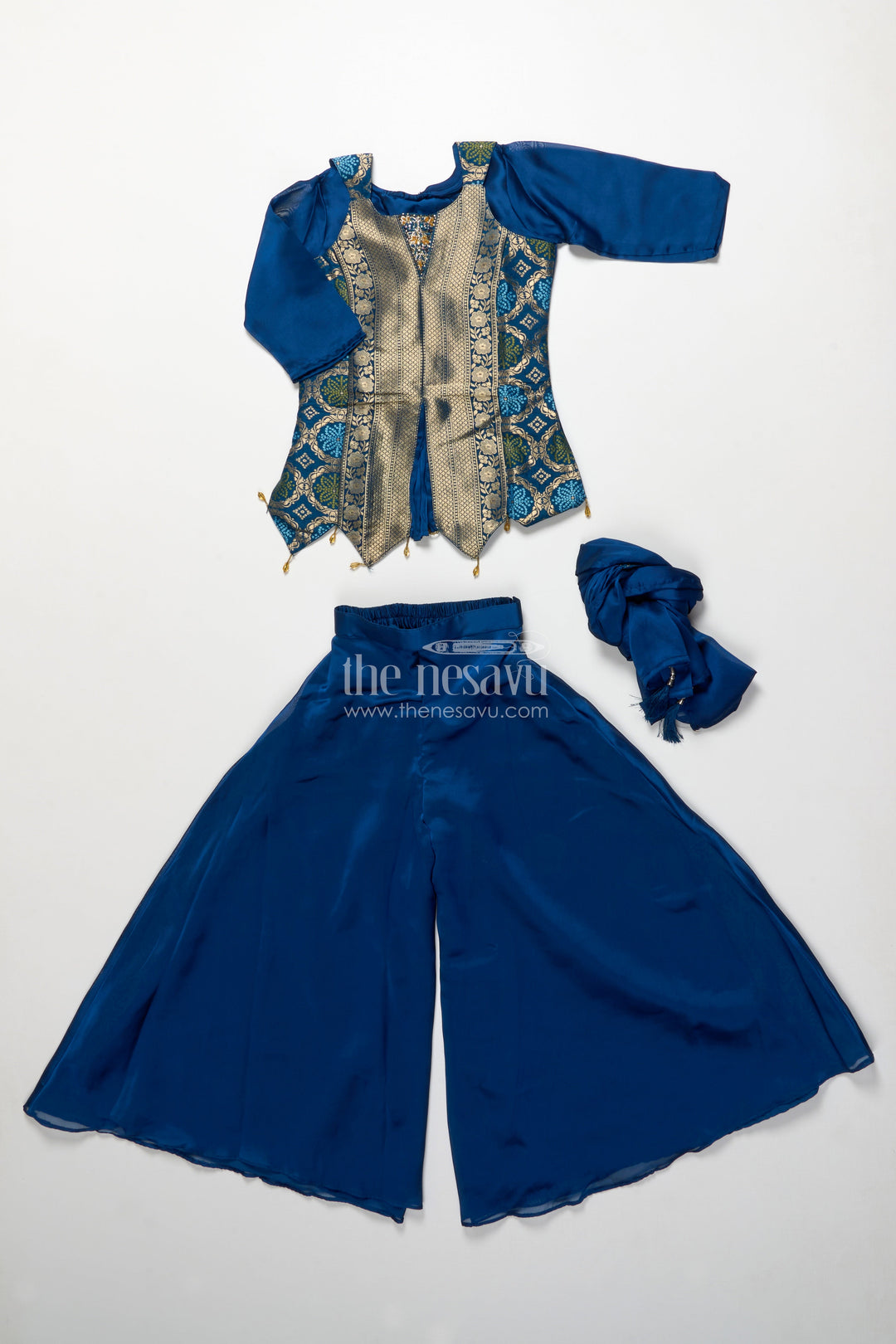The Nesavu Girls Sharara / Plazo Set Traditional Girls Ethnic Set with Sleeveless Blouse and Flared Pants Nesavu Nesavu girls ethnic palazzo set jacquard blouse weddings cultural events