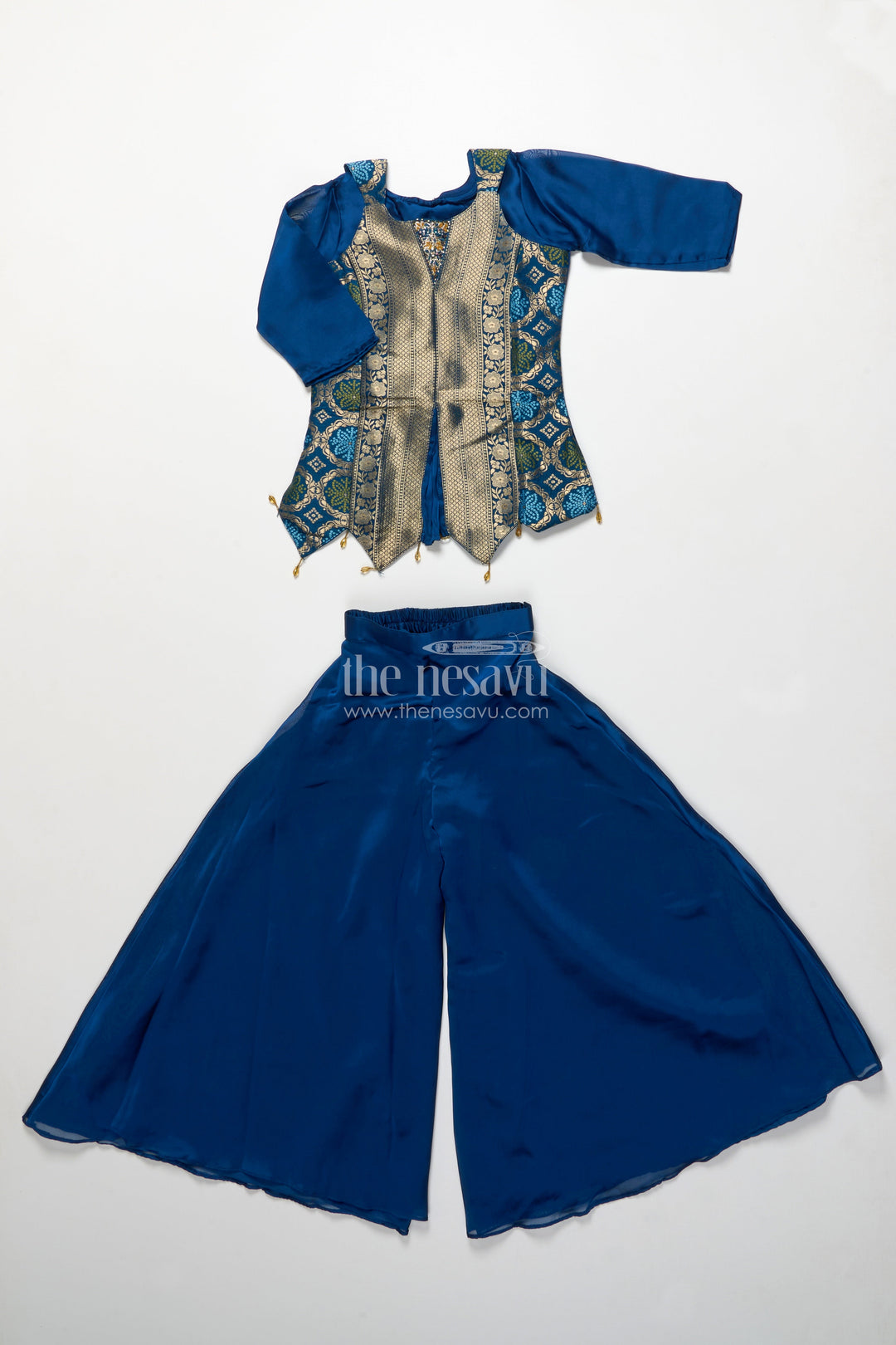 The Nesavu Girls Sharara / Plazo Set Traditional Girls Ethnic Set with Sleeveless Blouse and Flared Pants Nesavu Nesavu girls ethnic palazzo set jacquard blouse weddings cultural events