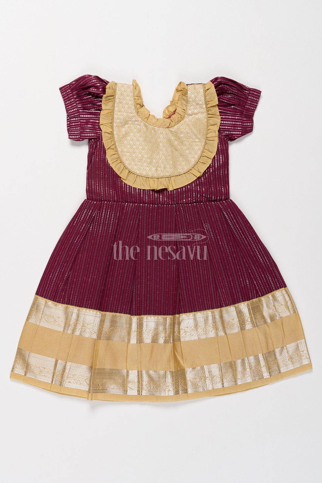 The Nesavu Girls Kanchi Silk Frock Traditional Girls Kanchi Silk Frock in Rich Maroon with Lustrous Golden Border Nesavu 22 (4Y) / Maroon / Style 1 SF821DA-22 Nesavu Maroon Girls Kanchi Silk Frock Golden Border from Pongal New Dress Collection