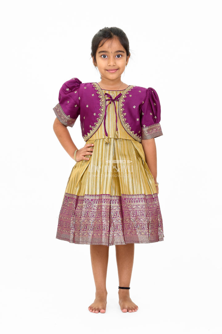The Nesavu Silk Party Frock Traditional Girls Silk Party Frock with Gold Zari Skirt and Embroidered Shrug Nesavu 16 (1Y) / Maroon SF957A-16 Traditional Girls Silk Frock Gold Zari Design Embroidered Shrug | The Nesavu