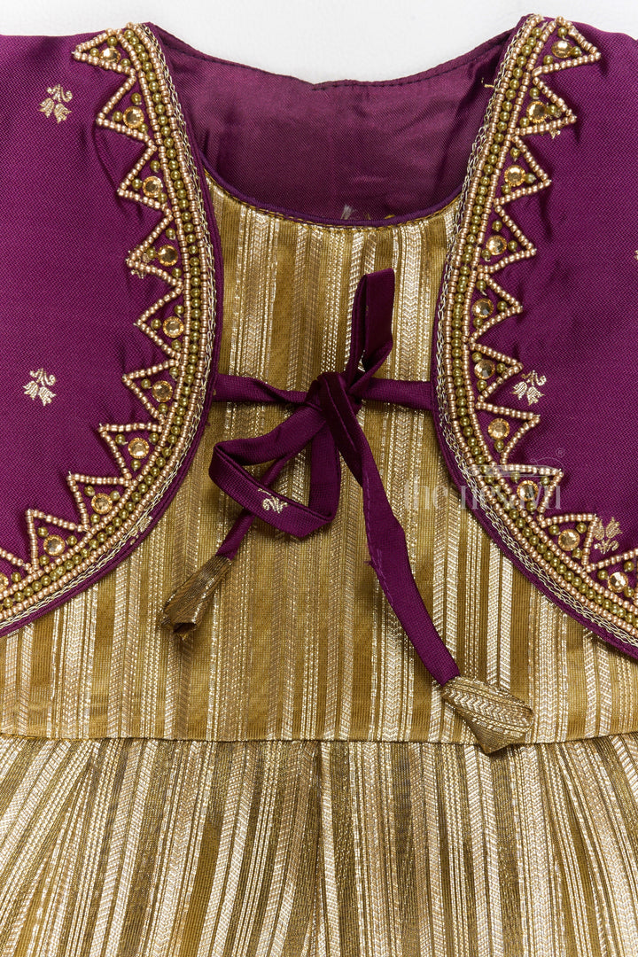 The Nesavu Silk Party Frock Traditional Girls Silk Party Frock with Gold Zari Skirt and Embroidered Shrug Nesavu Traditional Girls Silk Frock Gold Zari Design Embroidered Shrug | The Nesavu