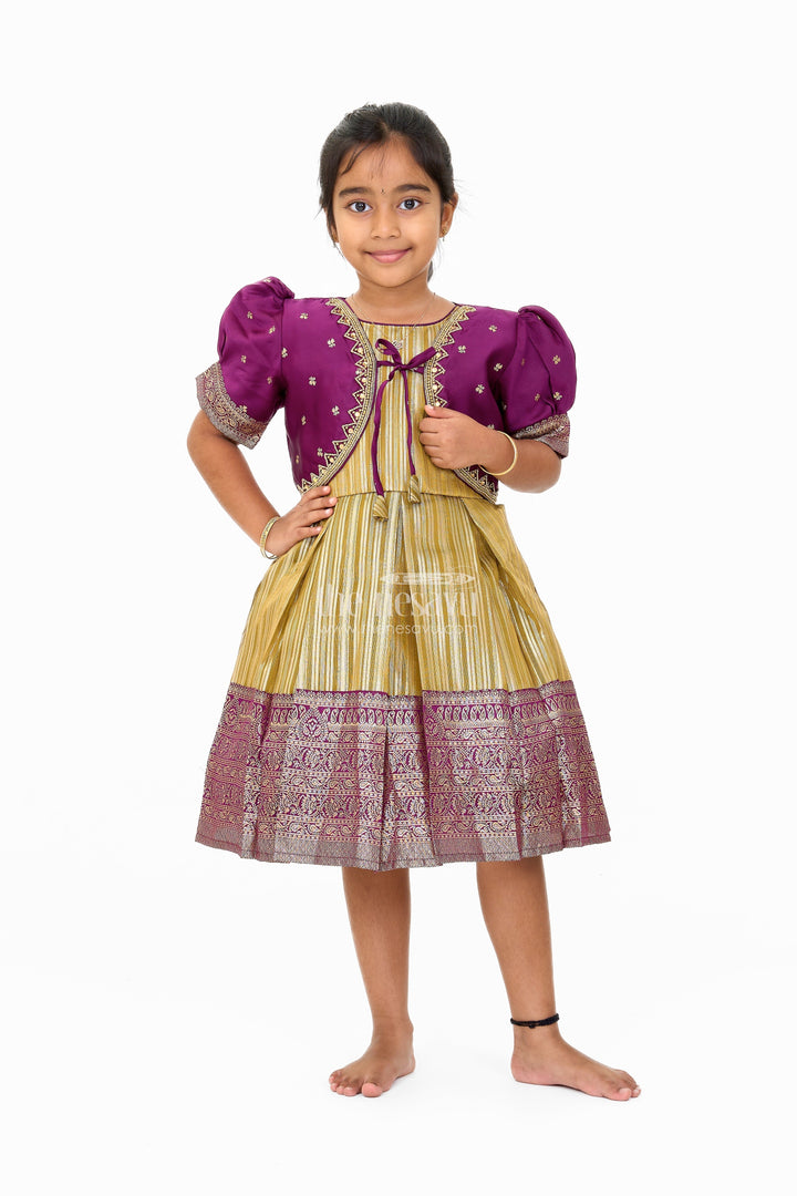 The Nesavu Silk Party Frock Traditional Girls Silk Party Frock with Gold Zari Skirt and Embroidered Shrug Nesavu Traditional Girls Silk Frock Gold Zari Design Embroidered Shrug | The Nesavu