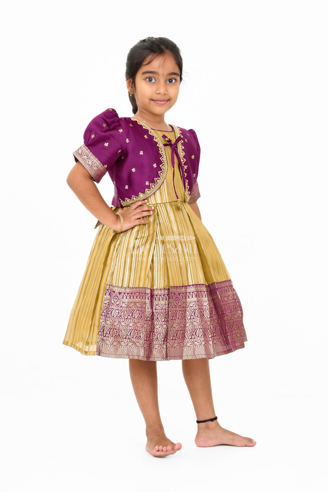 The Nesavu Silk Party Frock Traditional Girls Silk Party Frock with Gold Zari Skirt and Embroidered Shrug Nesavu Traditional Girls Silk Frock Gold Zari Design Embroidered Shrug | The Nesavu