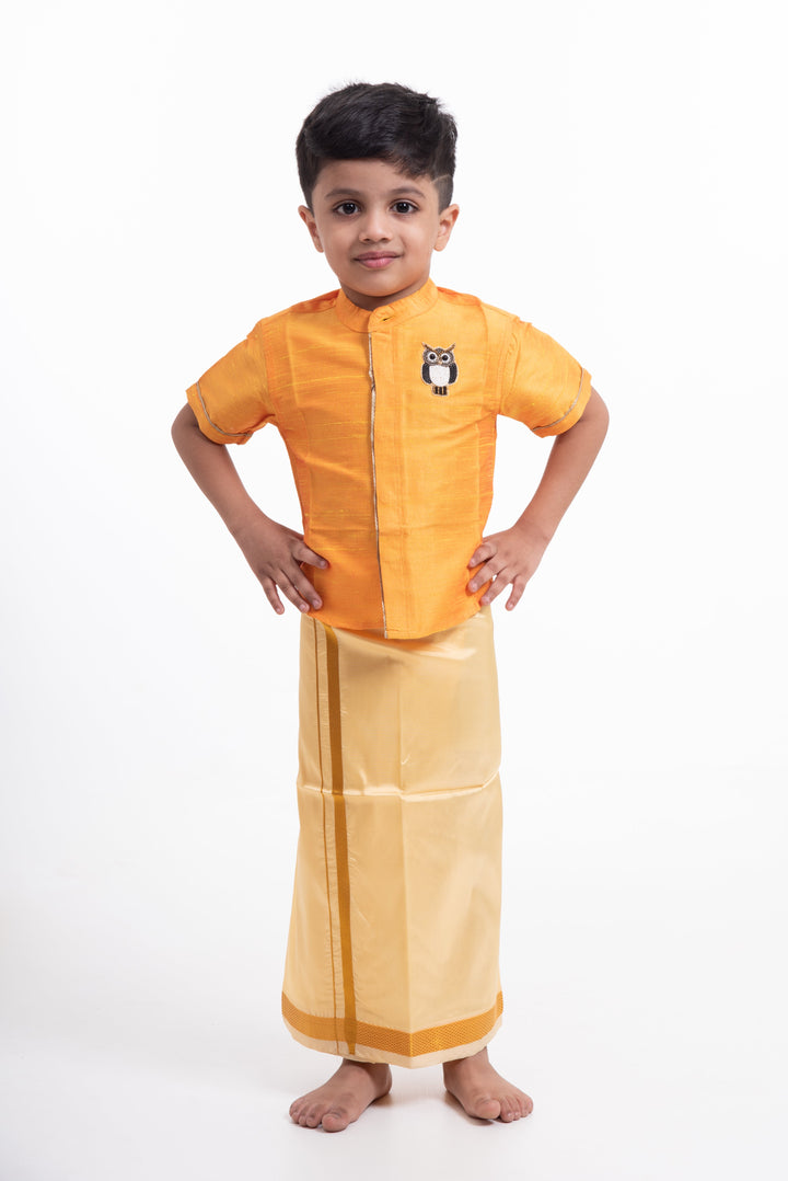 The Nesavu Boys Vesti Traditional Golden Silk Dhoti for Boys with Elegant Border Detailing Nesavu 14 (6M) / Yellow / Blend Silk D008H-14 Elegant Golden Silk Dhoti for Boys | The Nesavu