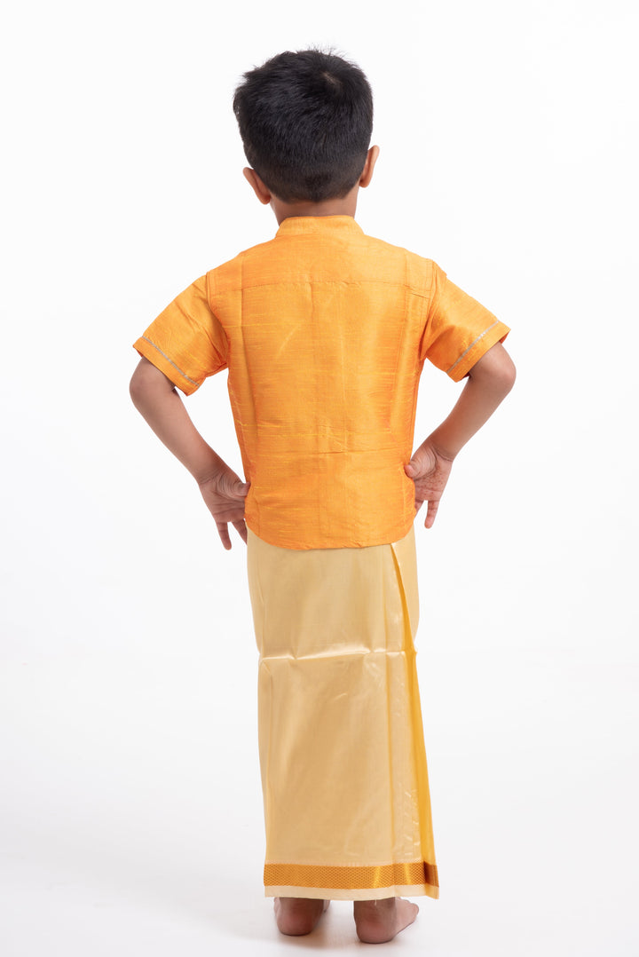 The Nesavu Boys Vesti Traditional Golden Silk Dhoti for Boys with Elegant Border Detailing Nesavu Elegant Golden Silk Dhoti for Boys | The Nesavu