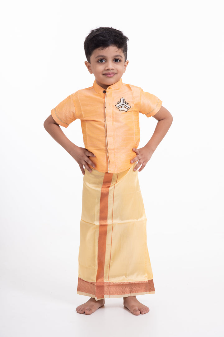 The Nesavu Boys Vesti Traditional Golden Yellow Boys Dhoti with Elegant Orange Detailing Nesavu 14 (6M) / Gold / Blend Silk D009E-14 Golden Yellow Silk Blend Dhoti for Boys | The Nesavu