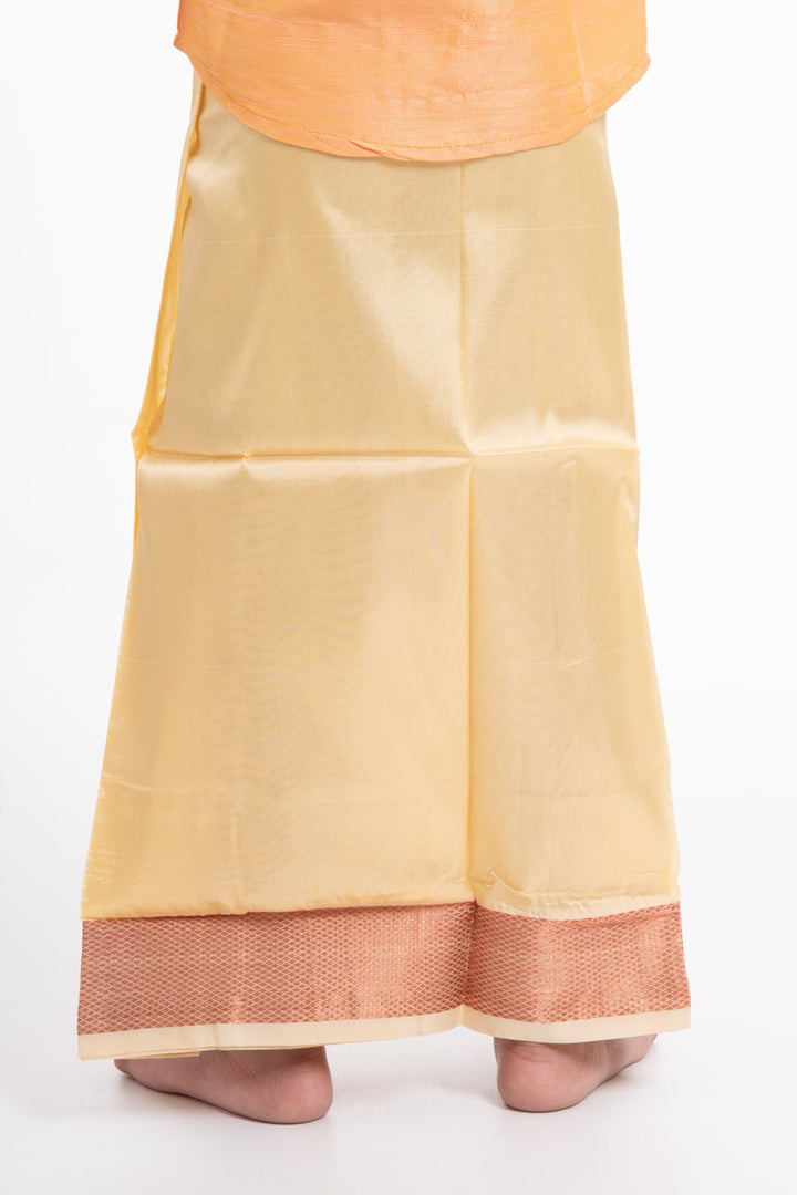 The Nesavu Boys Vesti Traditional Golden Yellow Boys Dhoti with Elegant Orange Detailing Nesavu Golden Yellow Silk Blend Dhoti for Boys | The Nesavu