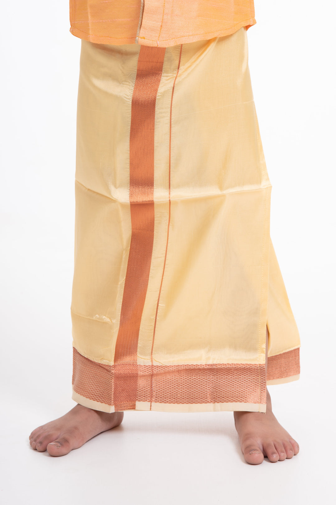 The Nesavu Boys Vesti Traditional Golden Yellow Boys Dhoti with Elegant Orange Detailing Nesavu Golden Yellow Silk Blend Dhoti for Boys | The Nesavu