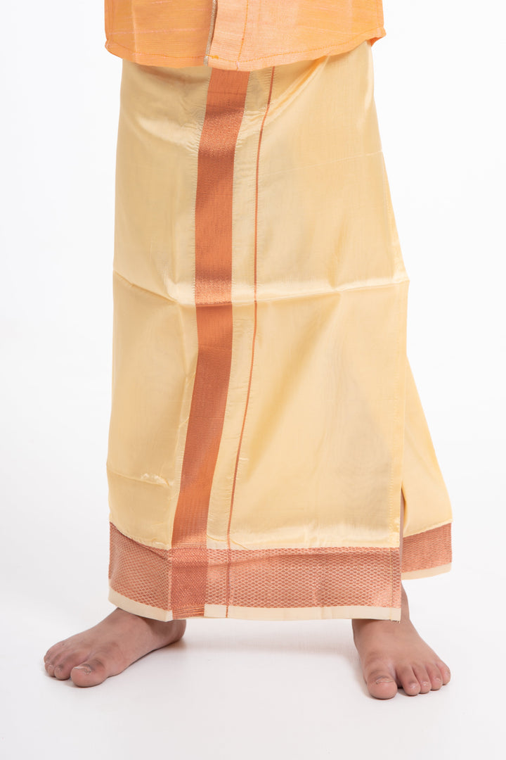 The Nesavu Boys Vesti Traditional Golden Yellow Boys Dhoti with Elegant Orange Detailing Nesavu Golden Yellow Silk Blend Dhoti for Boys | The Nesavu