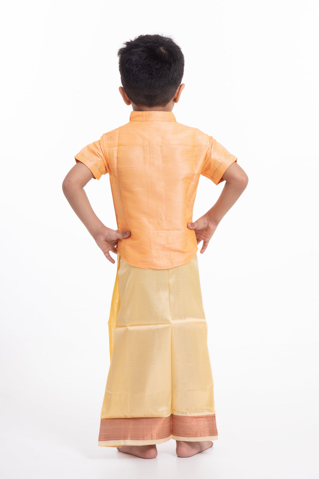 The Nesavu Boys Vesti Traditional Golden Yellow Boys Dhoti with Elegant Orange Detailing Nesavu Golden Yellow Silk Blend Dhoti for Boys | The Nesavu