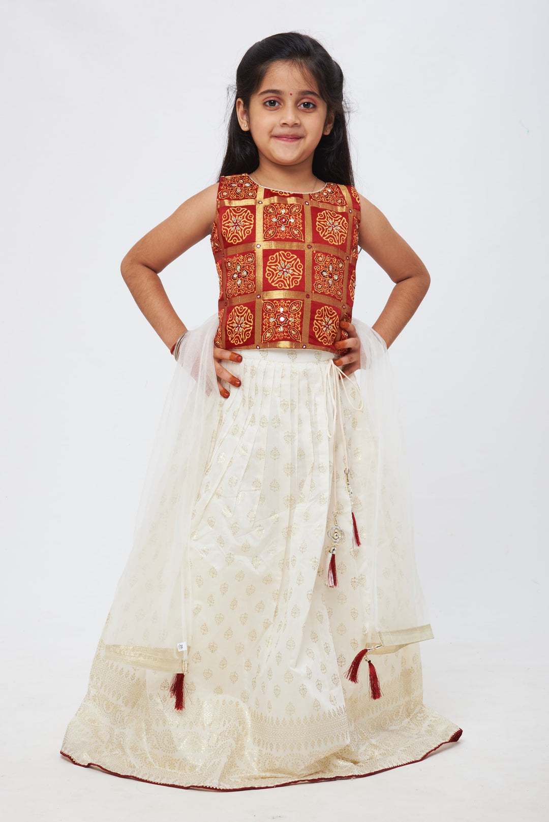 The Nesavu Girls Lehenga Choli Traditional Grace: Maroon and Ivory Ensemble with Embroidered Details Nesavu 16 (1Y) / White / Chanderi GL383A-16 Tradition Meets Trend | Festive Lehenga Choli with Dupatta for Girls | The Nesavu