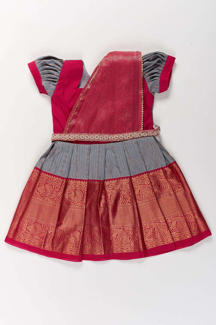 The Nesavu Girls Kanchi Silk Frock Traditional Gray and Red Pattu Pavadai for Girls with Silk Zari Weaving Nesavu 14 (6M) / Gray / Style 3 SF827BC-14 Nesavu Traditional Gray Red Pattu Pavadai Girls Silk Zari Weaving