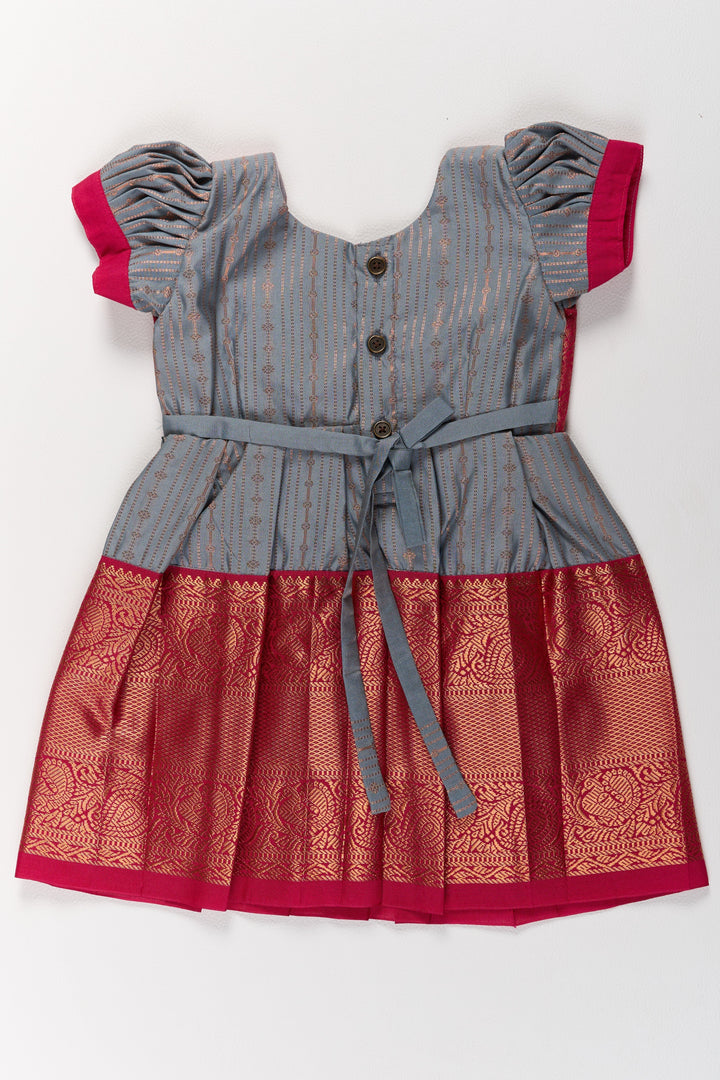 The Nesavu Girls Kanchi Silk Frock Traditional Gray and Red Pattu Pavadai for Girls with Silk Zari Weaving Nesavu Nesavu Traditional Gray Red Pattu Pavadai Girls Silk Zari Weaving