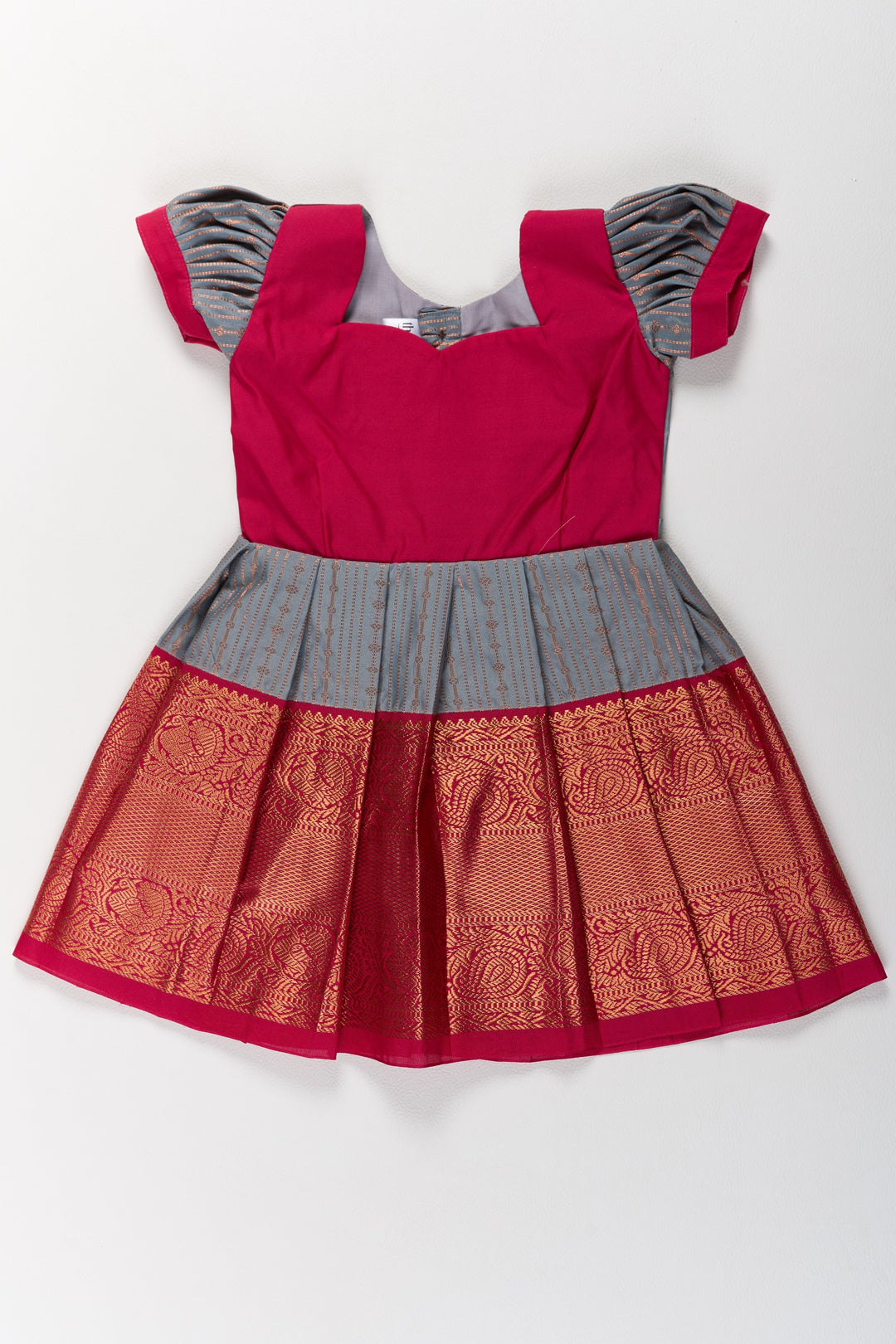 The Nesavu Girls Kanchi Silk Frock Traditional Gray and Red Pattu Pavadai for Girls with Silk Zari Weaving Nesavu Traditional Gray Red Pattu Pavadai Girls Silk Zari Weaving | The Nesavu