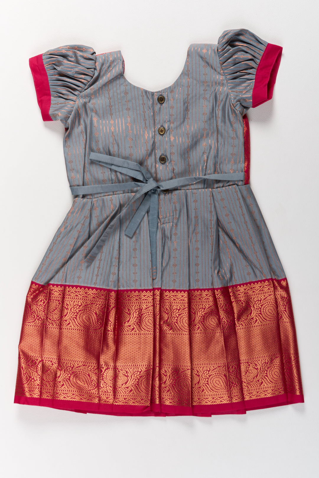 The Nesavu Girls Kanchi Silk Frock Traditional Gray and Red Pattu Pavadai for Girls with Silk Zari Weaving Nesavu Traditional Gray Red Pattu Pavadai Girls Silk Zari Weaving | The Nesavu