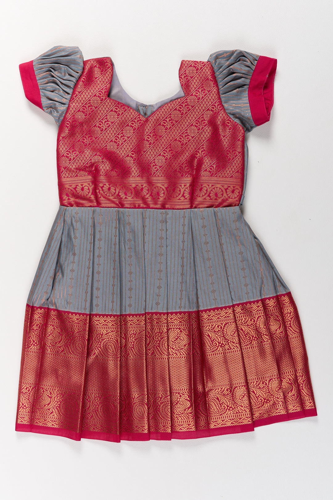 The Nesavu Girls Kanchi Silk Frock Traditional Gray and Red Pattu Pavadai for Girls with Silk Zari Weaving Nesavu Traditional Gray Red Pattu Pavadai Girls Silk Zari Weaving | The Nesavu