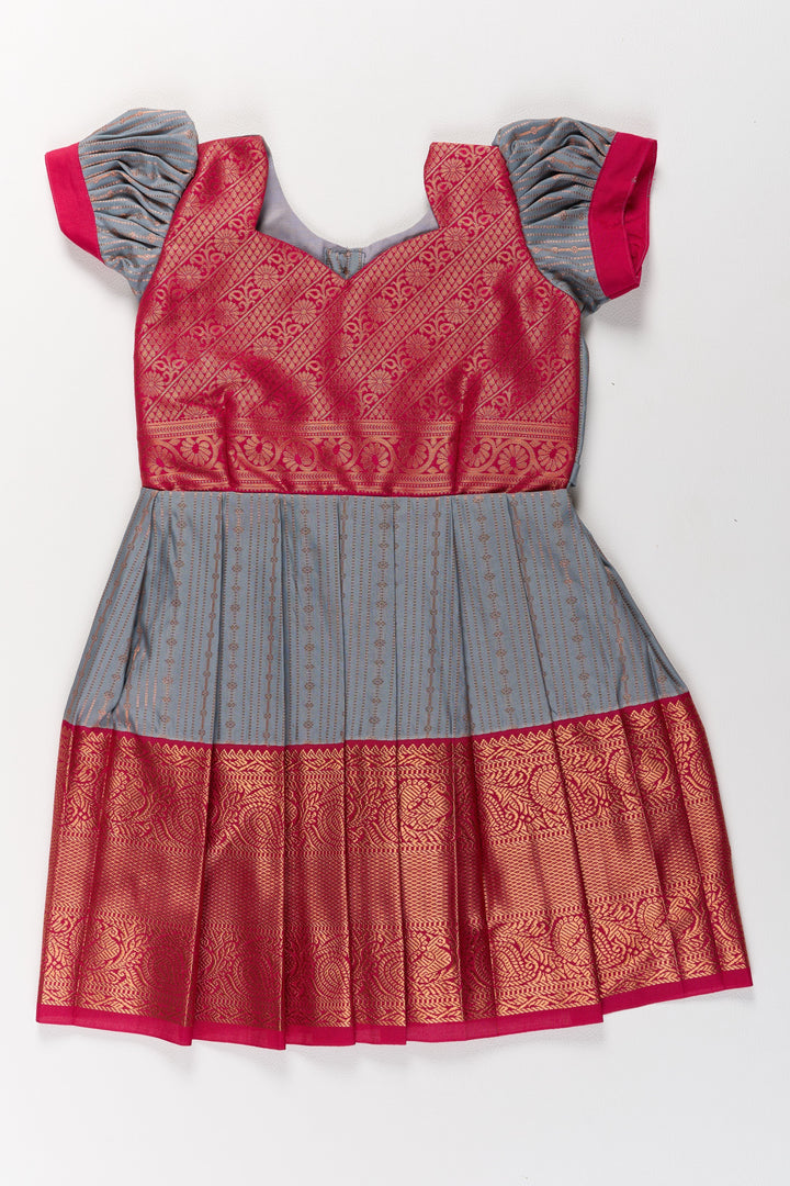 The Nesavu Girls Kanchi Silk Frock Traditional Gray and Red Pattu Pavadai for Girls with Silk Zari Weaving Nesavu Traditional Gray Red Pattu Pavadai Girls Silk Zari Weaving | The Nesavu