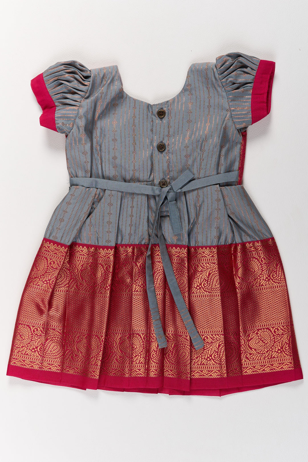 The Nesavu Girls Kanchi Silk Frock Traditional Gray and Red Pattu Pavadai for Girls with Silk Zari Weaving Nesavu Traditional Gray Red Pattu Pavadai Girls Silk Zari Weaving | The Nesavu