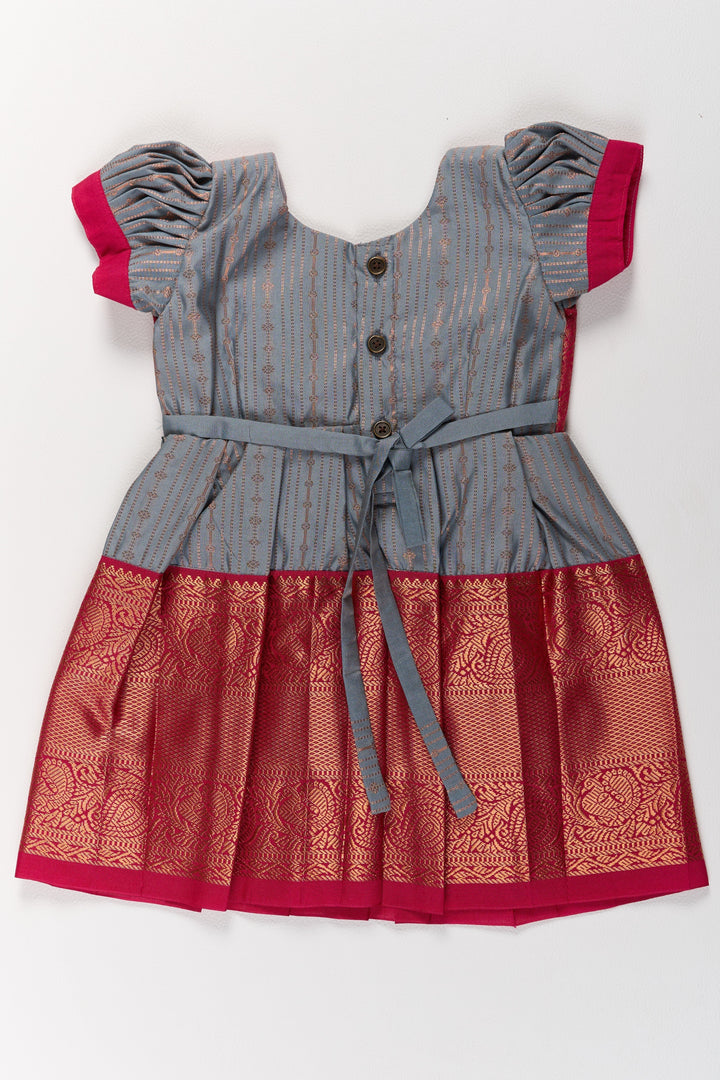 The Nesavu Girls Kanchi Silk Frock Traditional Gray and Red Pattu Pavadai for Girls with Silk Zari Weaving Nesavu Traditional Gray Red Pattu Pavadai Girls Silk Zari Weaving | The Nesavu