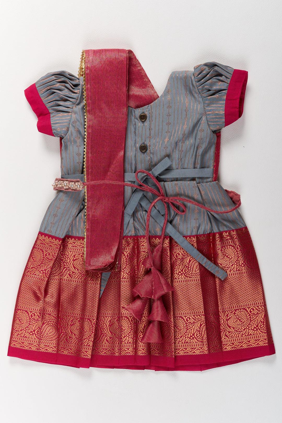 The Nesavu Girls Kanchi Silk Frock Traditional Gray and Red Pattu Pavadai for Girls with Silk Zari Weaving Nesavu Traditional Gray Red Pattu Pavadai Girls Silk Zari Weaving | The Nesavu