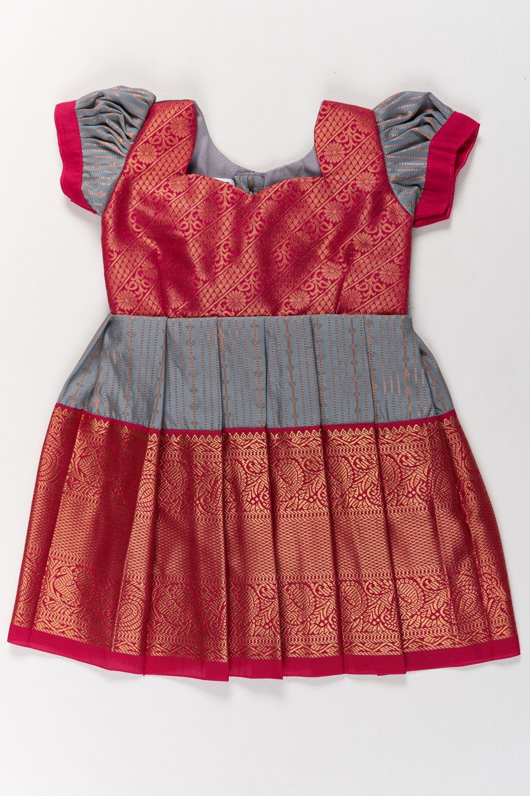 The Nesavu Girls Kanchi Silk Frock Traditional Gray and Red Pattu Pavadai for Girls with Silk Zari Weaving Nesavu Traditional Gray Red Pattu Pavadai Girls Silk Zari Weaving | The Nesavu