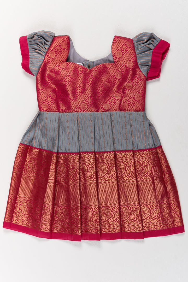 The Nesavu Girls Kanchi Silk Frock Traditional Gray and Red Pattu Pavadai for Girls with Silk Zari Weaving Nesavu Traditional Gray Red Pattu Pavadai Girls Silk Zari Weaving | The Nesavu