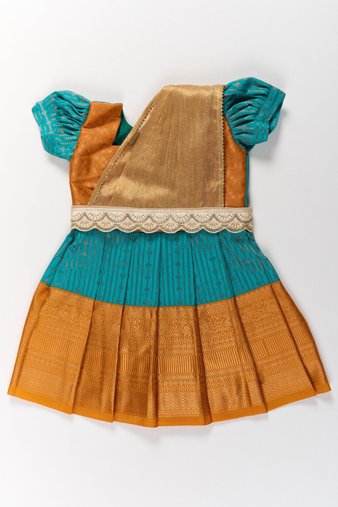 The Nesavu Girls Kanchi Silk Frock Traditional Green and Gold Pattu Pavadai for Girls with Intricate Zari Borders Nesavu 14 (6M) / Green / Style 1 SF820FA-14 Nesavu Traditional Green Gold Pattu Pavadai Girls Zari Borders